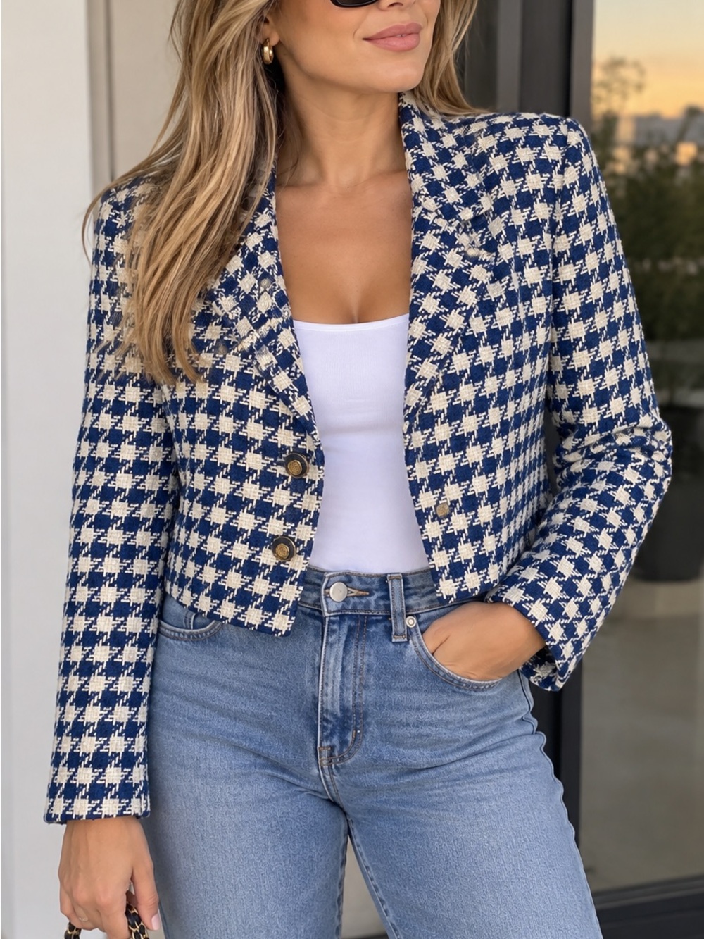 Zara Cropped Houndstooth Blazer in Blue & Cream
